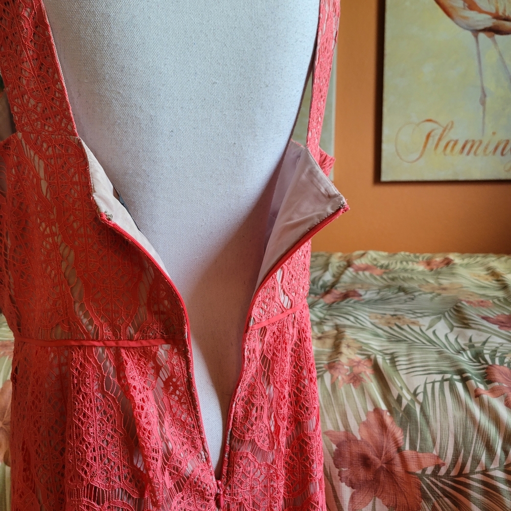 Adrianna Papell Lace Fit and Flare Dress Coral 14 Zipper Sleeveless Spring - Picture 7 of 14